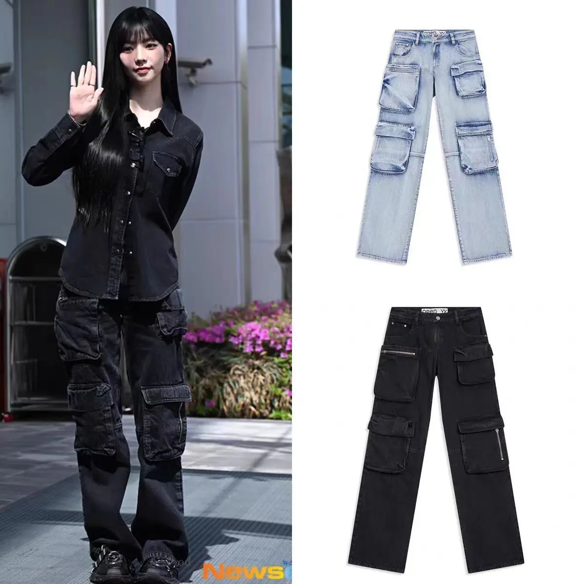

Low Waist Vintage Washed Zipper Pocket Denim Jeans Loose Straight Leg Rabbit Fur 100% Spring Season Long Trousers