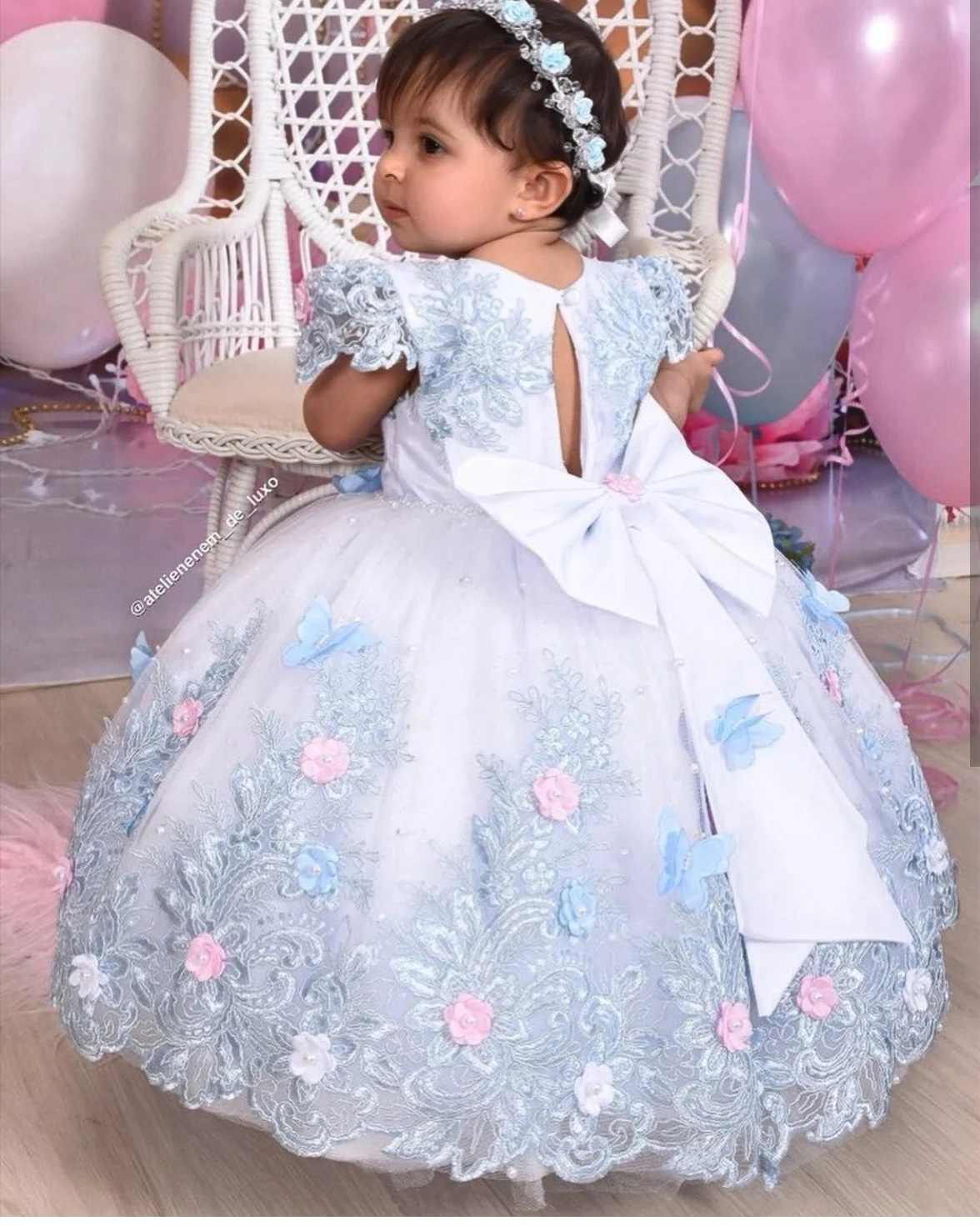 Bue Baby Flower Girl Dresses Lace Appliques Pearls Girls Birthday Party Dress Christmas Party First Communion Gowns