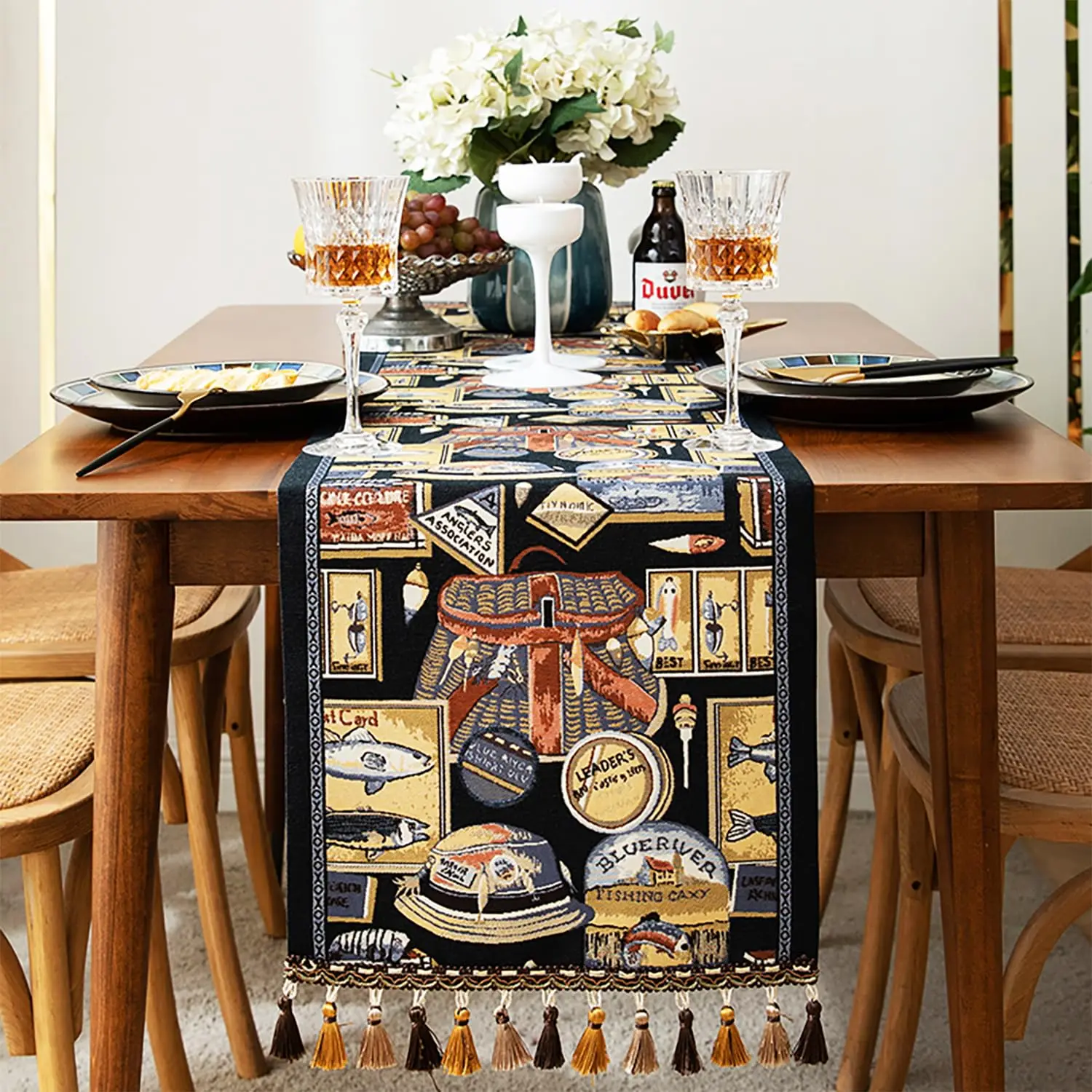 

Retro-Luxury Embroidery Jacquard Fabric Table Runner with Multi-Tassels Series for Kitchen Dining Room Table Holiday Decoration