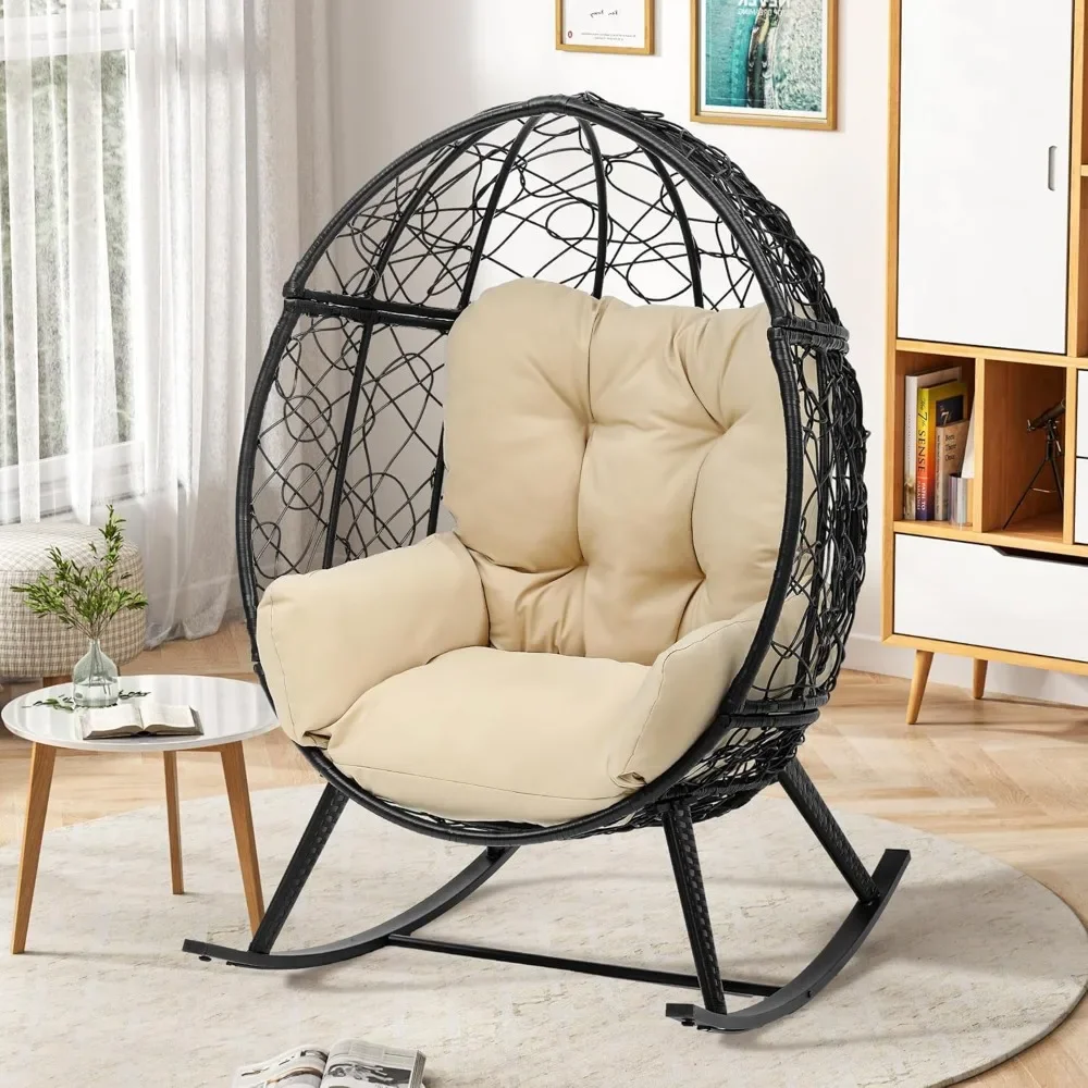 كرسي هزاز على شكل بيضة في الهواء الطلق مع راحة مبطنة، سعة Wicker Patio Rocker سعة 250 رطل، مضاد للانزلاق، Rattan D مرن لجميع الأحوال الجوية
