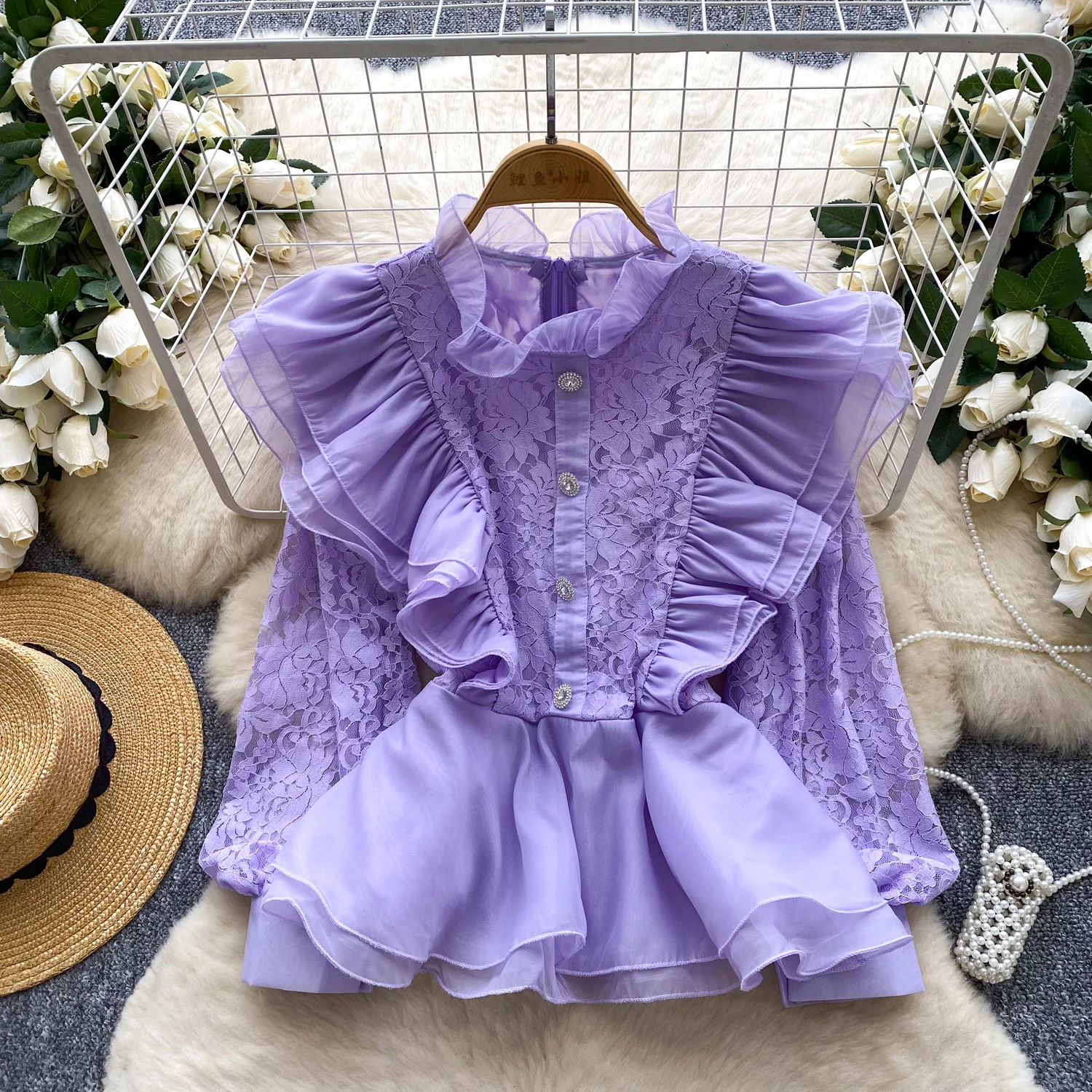 Vintage Basics ruches kant lange mouw chique bedekte knop slanke top Franse streetwear high street blouse