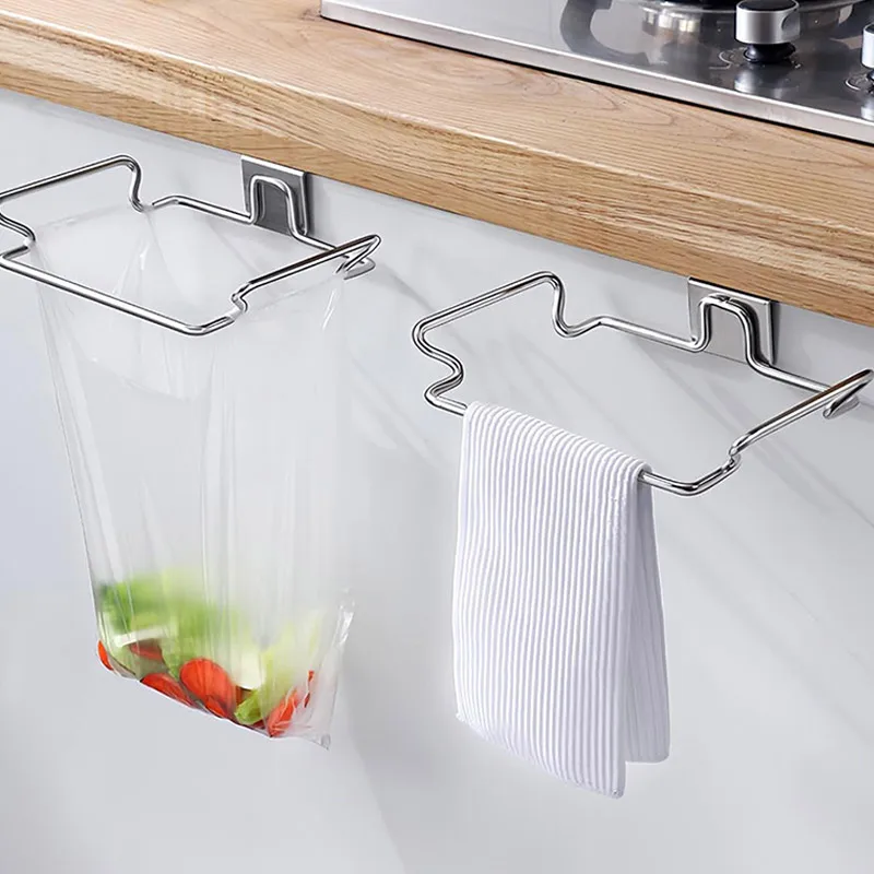 Creative Stainless Steel Garbage Bag Support Rack No Punching Required Cabinet Door Storage Rack Kitchen Hanging Organizer