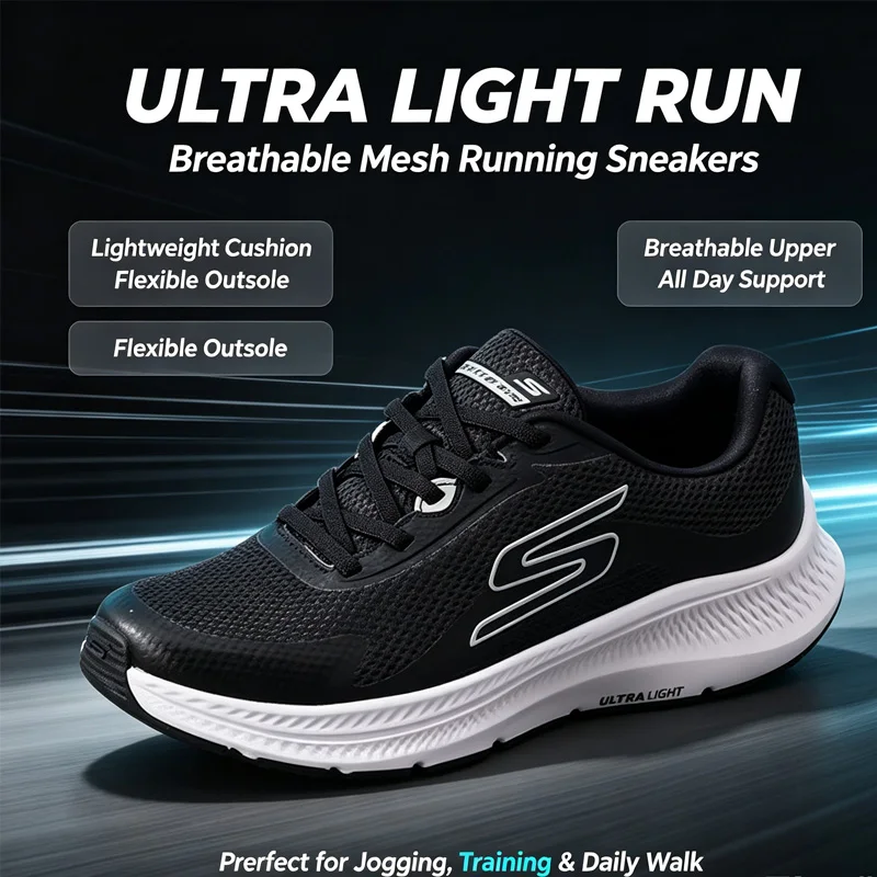 Skechers Ladies Shock Absorbing Sport Trainers Non Slip Flexible Sole Outdoor Workout All Day Comfort Running Shoes 128650-BKW