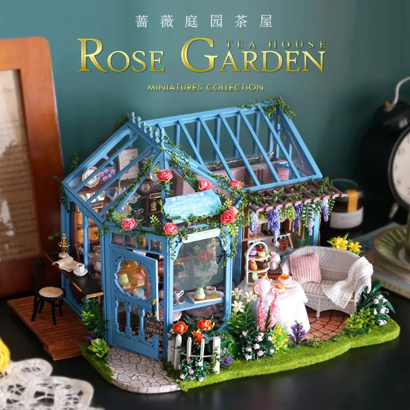 Rose Garden DIY Tea Room Wooden Dollhouse Miniature Building Kit Cake Shop Casa Dolls House Flower Villa Garden Toys Girls Gifts