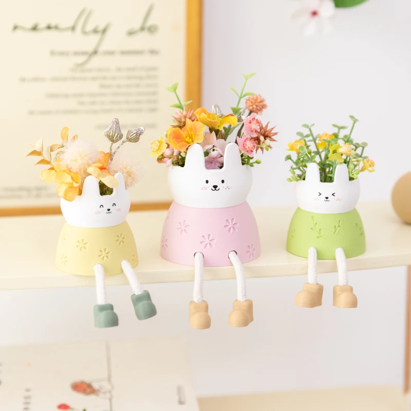 Japanese cartoon cute rabbit ornament, simulated flower and plant decoration ornament, spring home and office desktop decoration