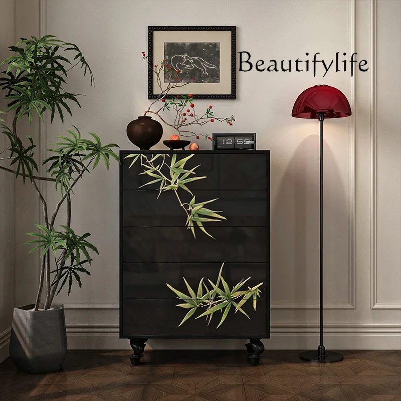 Chinese hand-painted solid wood chest of drawers, living room against the wall, lacquer painting, storage  decorative cabinet