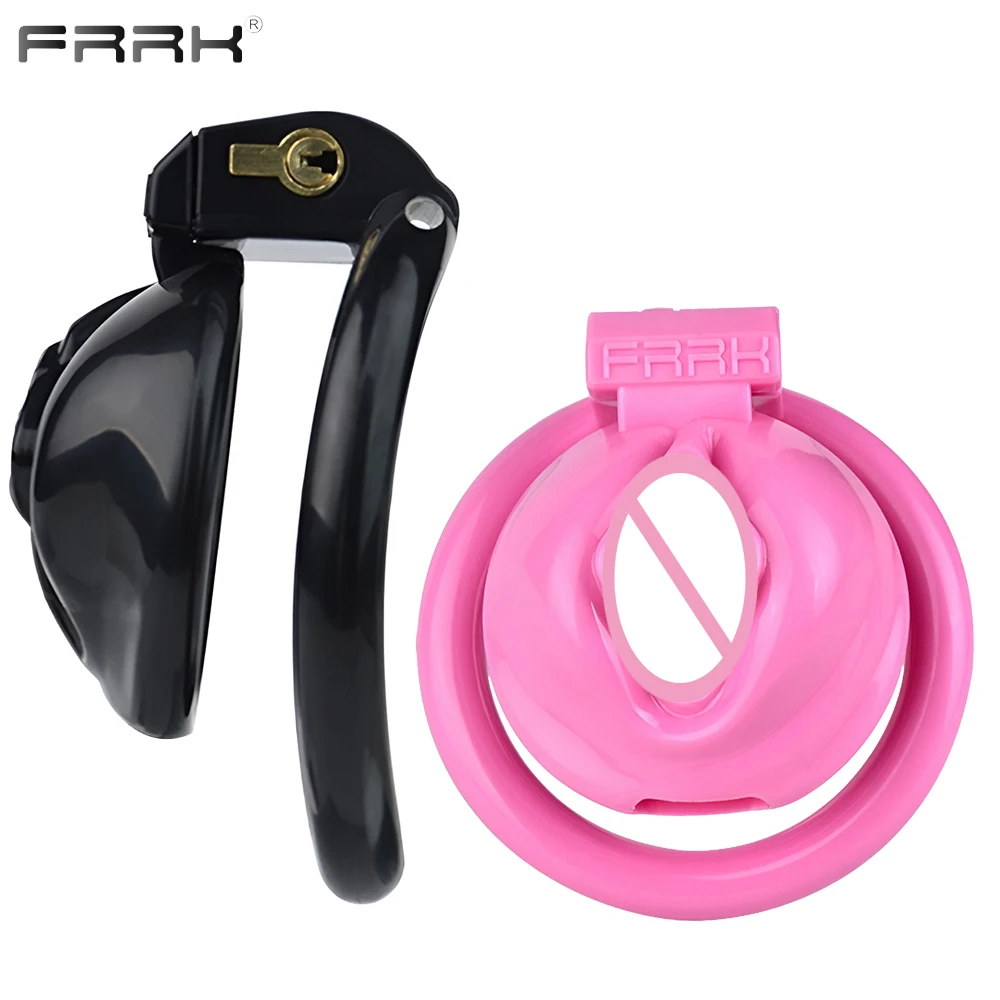 FRRK Sissies Pink Male Chastity Cage with a Female Pussy Look Extra Penis Rings Options Vagina Cover BDSM Sex Toys