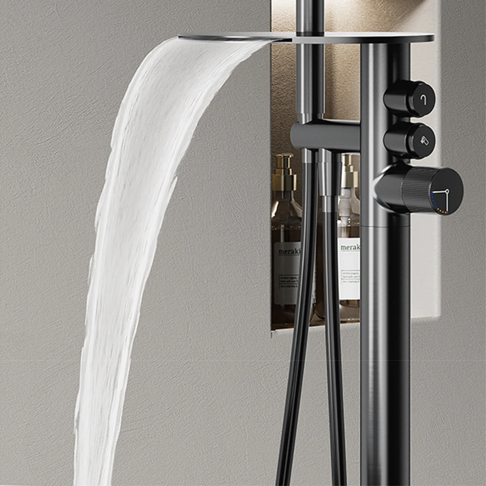 Gun Grey Brass Freestanding Bathtub Faucet 2 Ways Hot Cold Water Tap Floor Mount Tub With Storage Shelf Bathroom Luxury Bath Tap