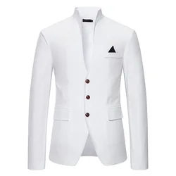 Mandarin Collar White Dress Blazer Men Formal Stand Collar Patchwork Tuxedo Suit Coat Wedding Banquet Party Prom Dinner Clothing