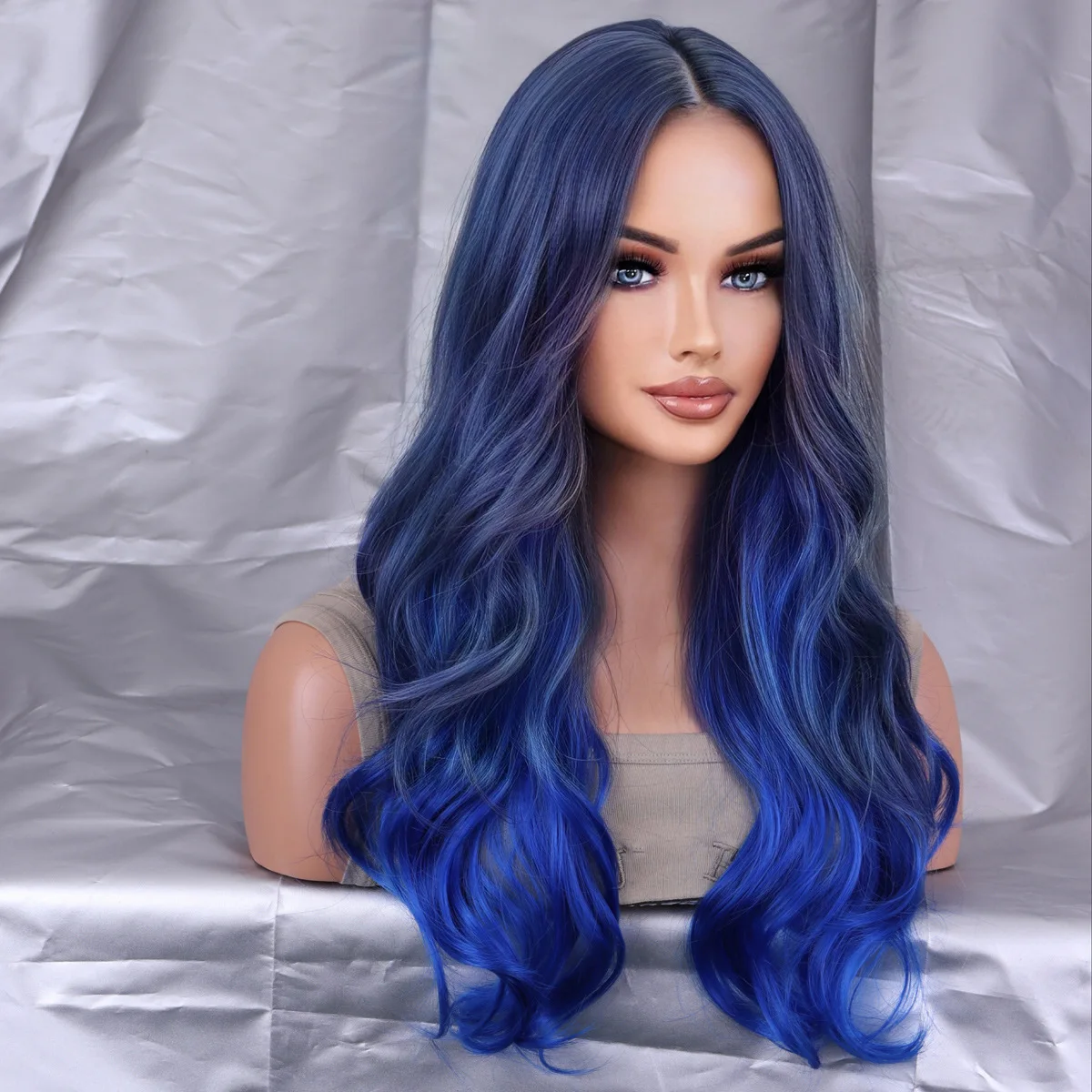 Synthetic Wig Long Wave Ombre Dark Blue Wigs for Women Daily Cosplay Lolita Halloween Party Natural Hair Heat Resistant