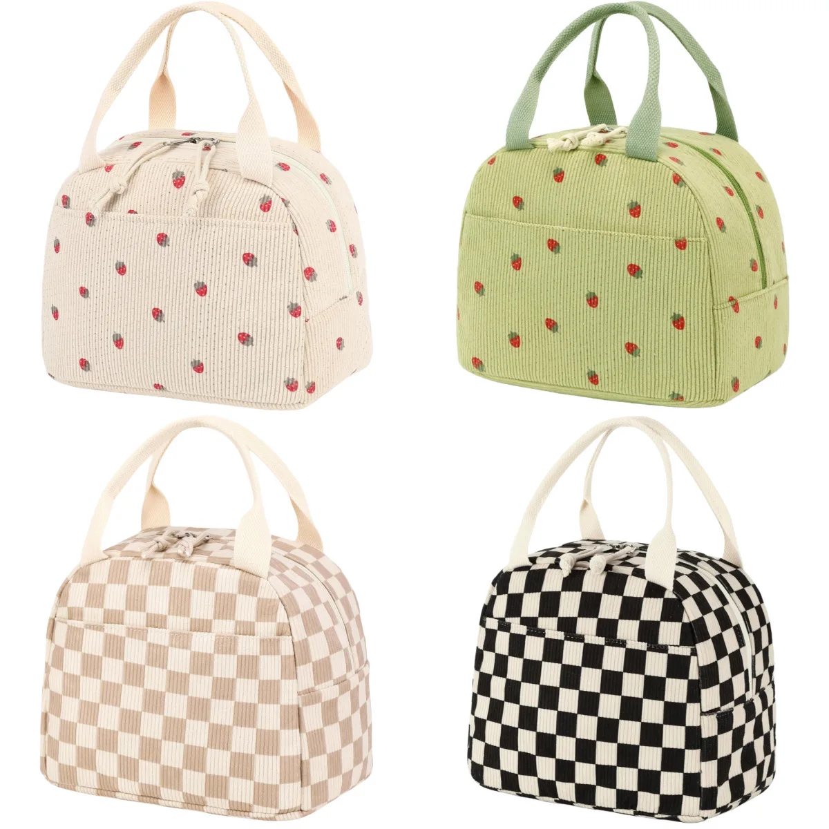 Corduroy printed color-blocking cartoon Kawai hand-held bento bag, large-capacity fresh-keeping and heat-preserving lunch bag
