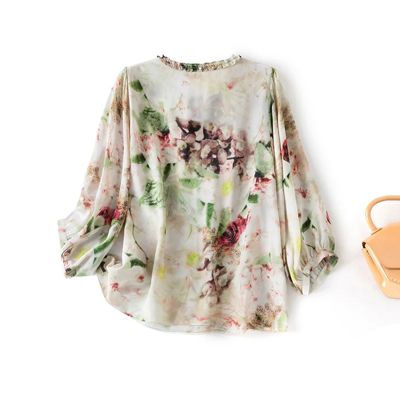 Winsleter-8MM 100%Silk Elegant T-Shirt, O Neck 3/4 Sleeve Print, Women French Vacation Sunscreen Thin Top, 2026 Summer T66948CC