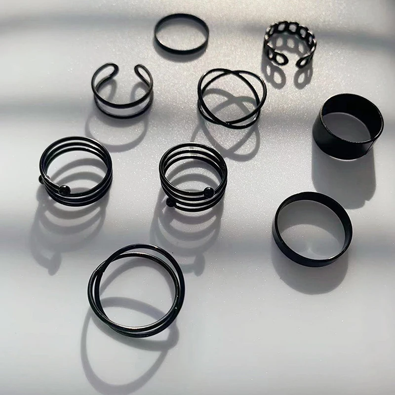 3/6pcs Vintage Black Rings Set For Women Girls Punk Metallic Geometric Simple