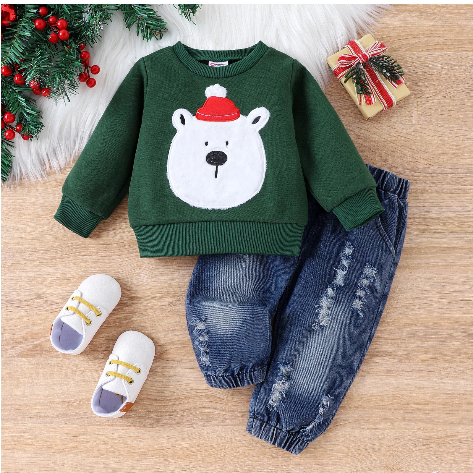 PatPat 2pcs Baby Boy Bear Animal Pattern Long Sleeve Set Soft and Comfortable  Perfect for Outings and Daily Wear Basic Style