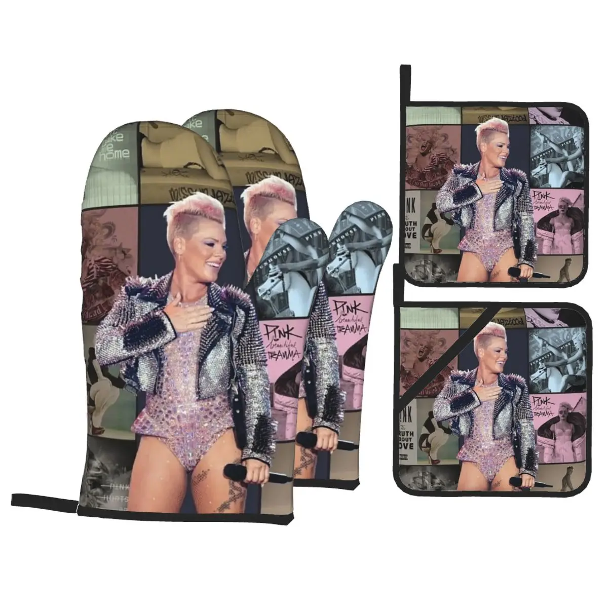 Pink P!nk Cool Singer Country Music Oven Mitts and Pot Holder Sets of 4 for Baking Kitchen Cooking Resistant Non-Slip Gloves