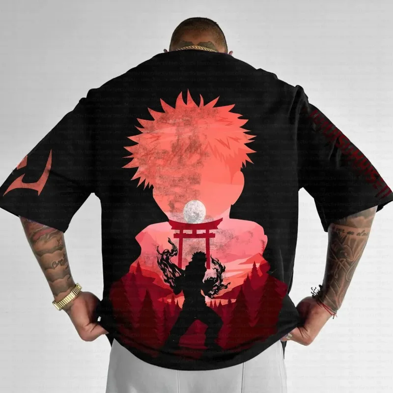 2025 メンズ夏 Tシャツ 呪術廻戦 アニメ 原宿 オーバーサイズ レトロ ストリートウェア レディース カジュアル ルーズ 半袖 ユニセックス トップス