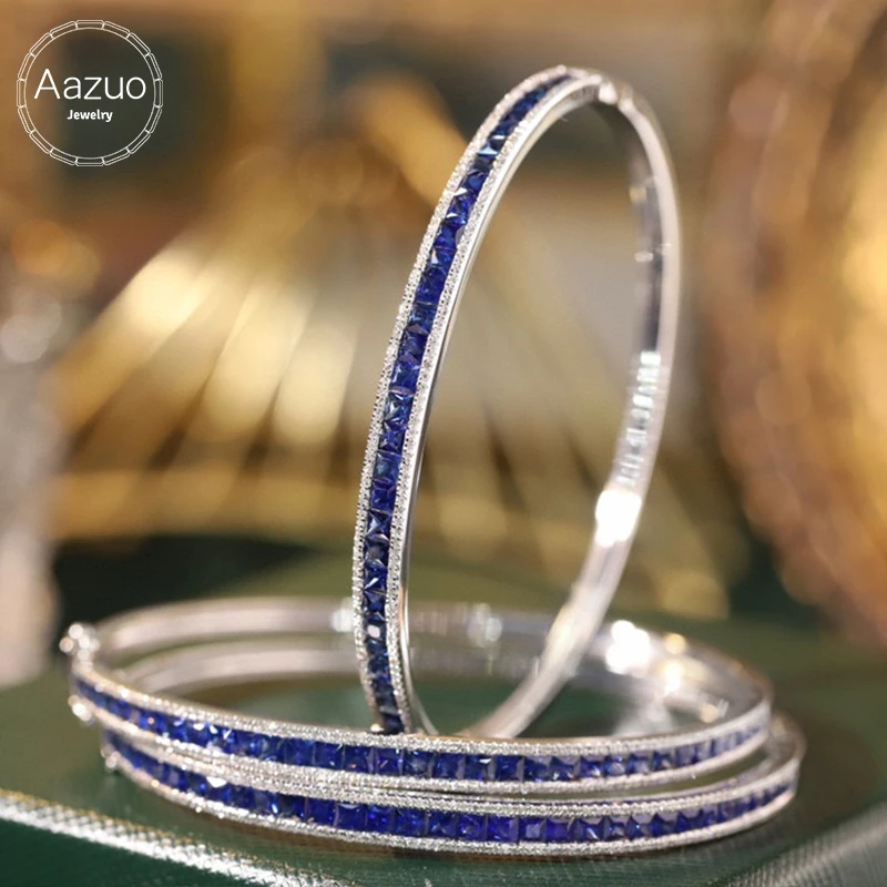 

Aazuo 18K Pure White Gold Natrual Blue Sapphires Square Lines Bangle Gifted For Woman Upscale Trendy Engagement Party