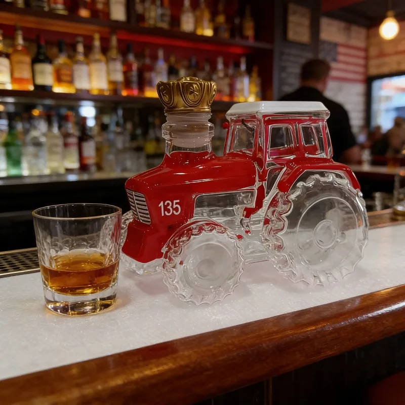 

Red Tractor Shaped Whiskey Decanter, Novelty Farm Themed Glass Liquor Bottle for Bar Decor & Farmer Gifts