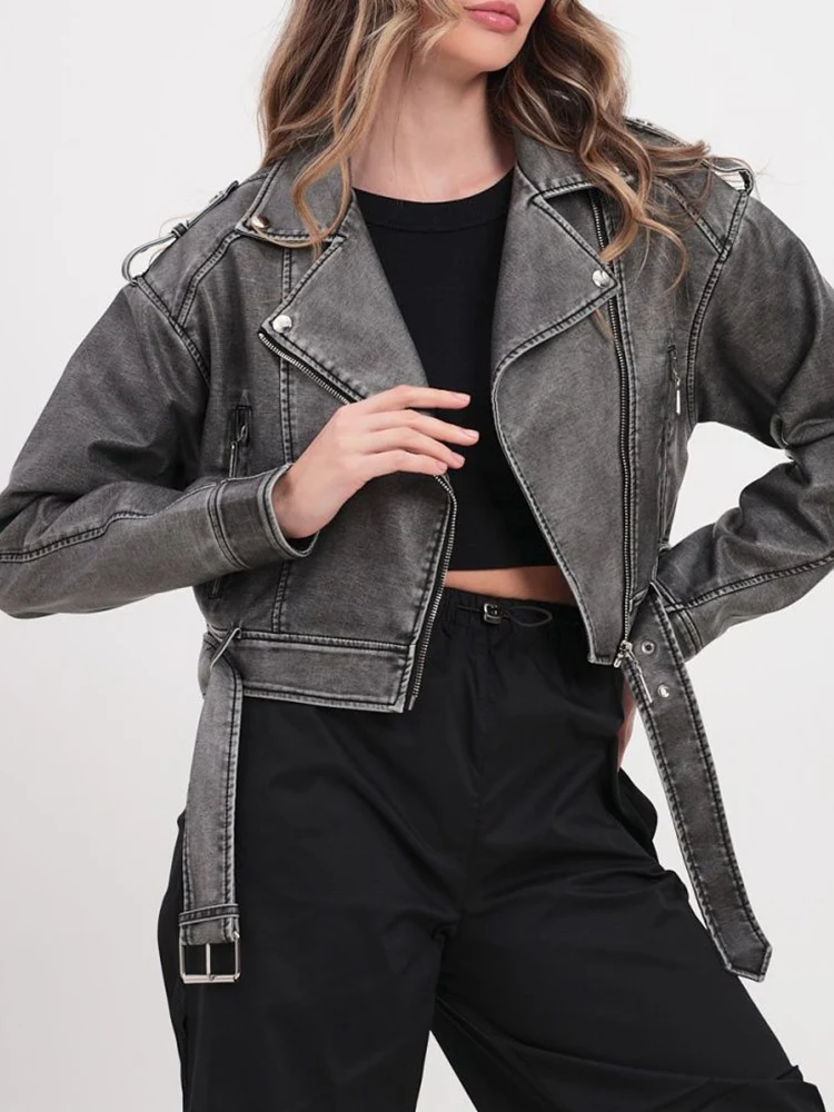 Ailegogo Streetwear Women Loose Belt Short Pu Faux Leather Jacket Spring Autumn Female Retro Chic Moto Biker Coat Outwear