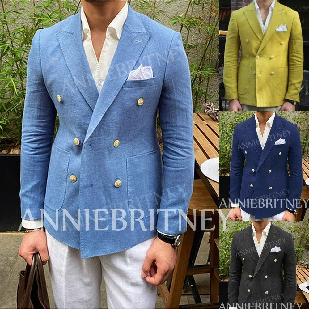 Summer Beach Linen Blazers Hombre 2024 Double-breasted Casual Men\'s Jacket Slim Fit Men\'s Social Coat Custom Made Blazer Hombre