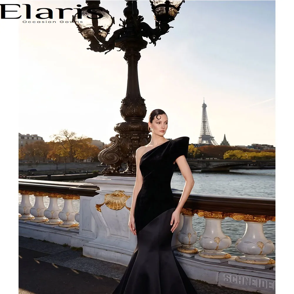 Elaris Customized One Shoulder Velvet Satin Mermaid Evening Gown Patchwork Flared Formal Maxi Red Carpet Party Prom Guest Dress