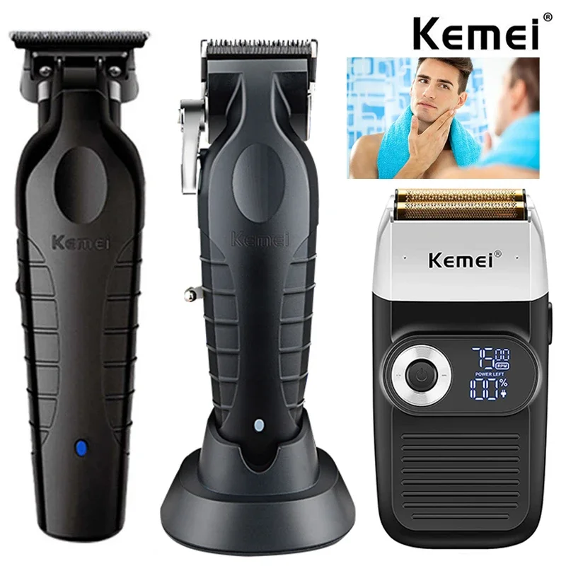 

Kemei мужские парикмахерские машинки для стрижки волос и триммер комплект 0 мм аккумуляторная машина для стрижки волос с выцветанием комбинированная электробритва для мужчин бритва
