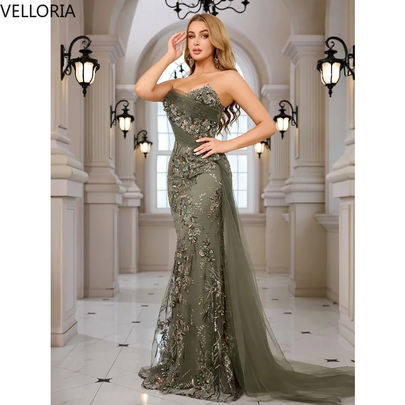 Strapless Embroidered Ball Gown Women Olive Green Evening Dress with Floral Train Party Dress Vestdos De Fiesta Customized