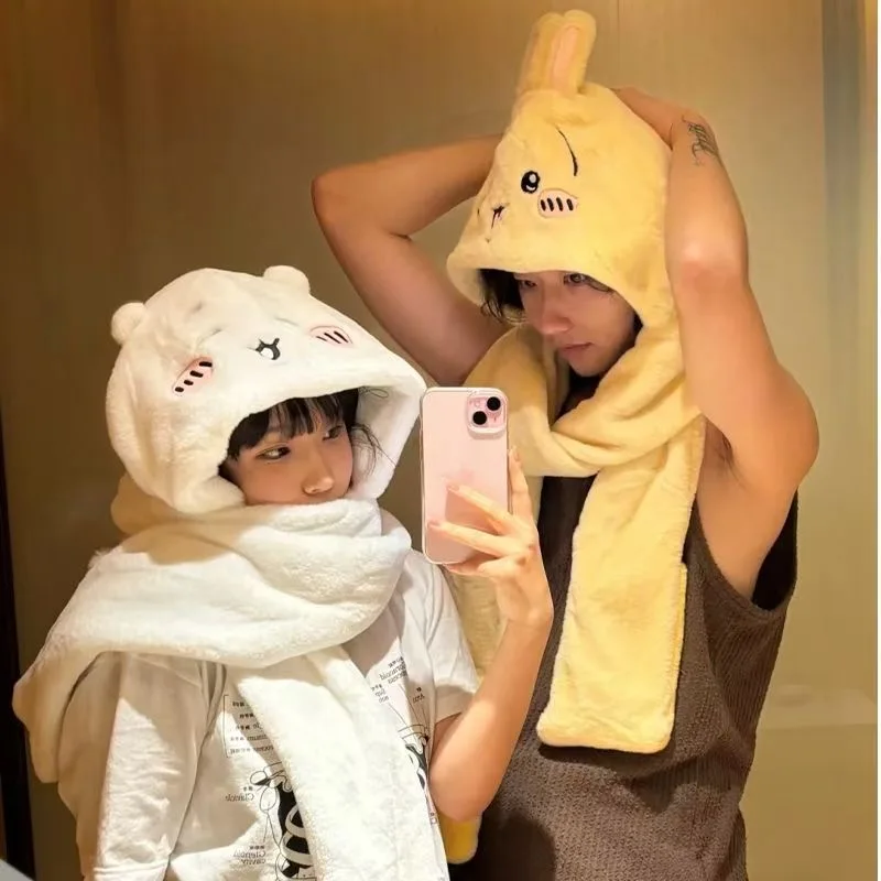 Y2K Kawaii Chiikawas Hachiware لطيف هدية عيد ميلاد قبعة وشاح الشتاء أفخم الباردة الدافئة الكل في واحد الفتيات قبعة طالب قبعة مهرجان هدية