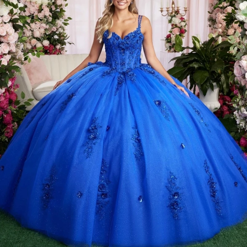 Royal Blue Shiny Quinceanera Dresses Off Shoulder Vestidos De 15 Años Applique Lace Beads Bow Tull Formal Birthday Party Sweet