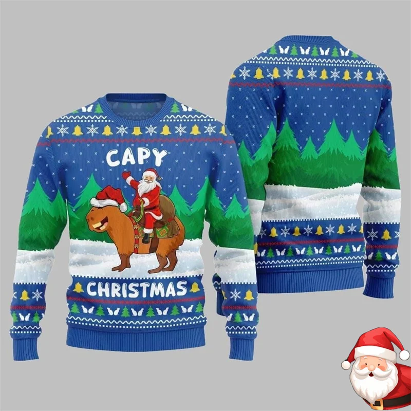 

Рождественский забавный свитшот Merry Capy для мужчин, Санта-Клаус верхом на капибаре, уродливый свитер с круглым вырезом, повседневная модная толстовка 2026