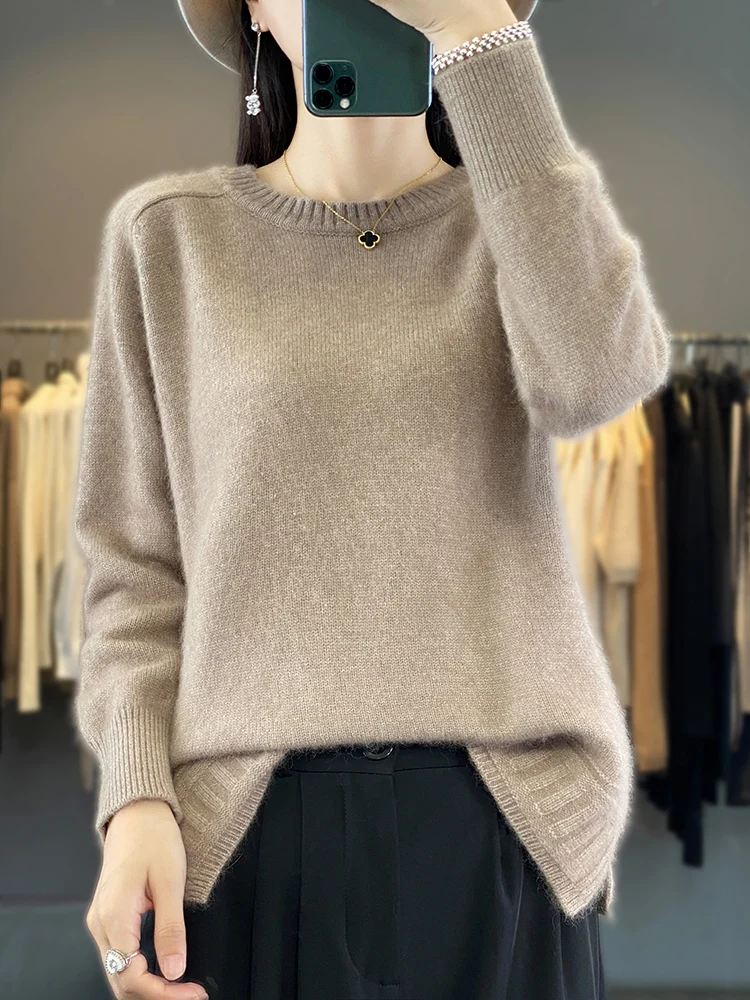 

Women O-Neck Sweater 100% Mink Cashmere Pullover Solid Knitwear Female Basic Clothes Korean Large Size Jumper Tops Autumn Winter