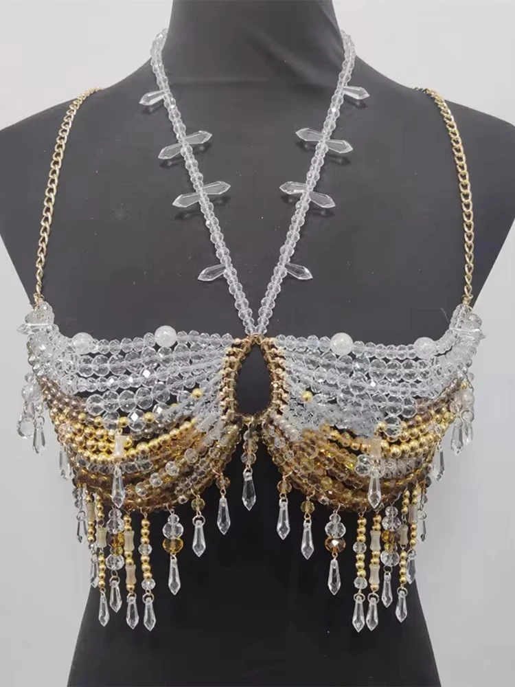 

Handmade Crystal Jewelry Bra Halter Neckline See-Through Hollow Tassel Sexy Women Birthday Party Body Chain Bustier Tank Tops