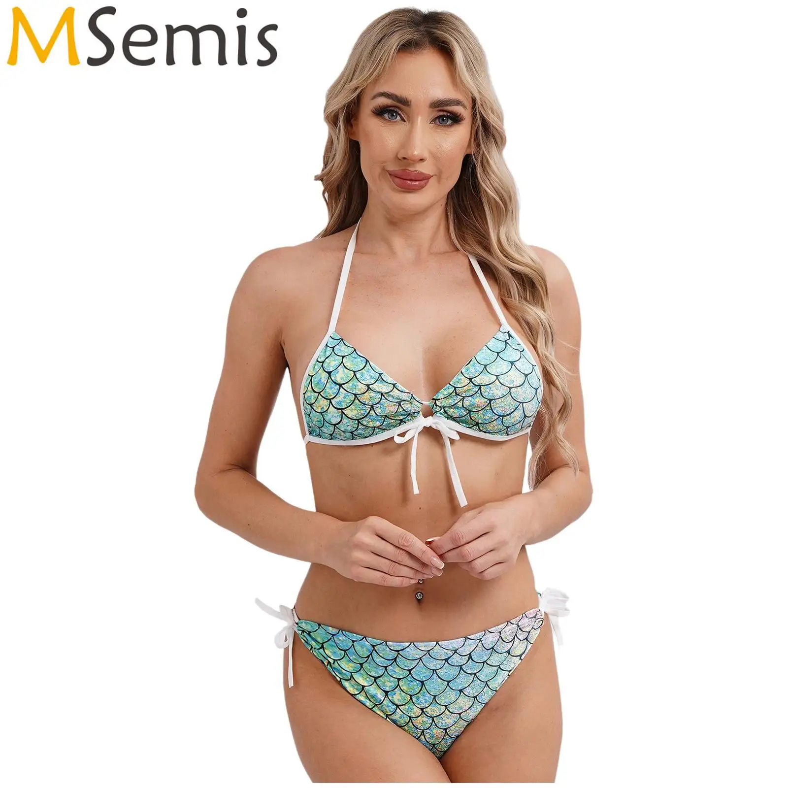 Womens Mermaid Tying Swimwear Vintage Brazilian Micro Min Bikini Swimsuit Halter Sponge Pad Bra And Drawstring Briefs Beachwear