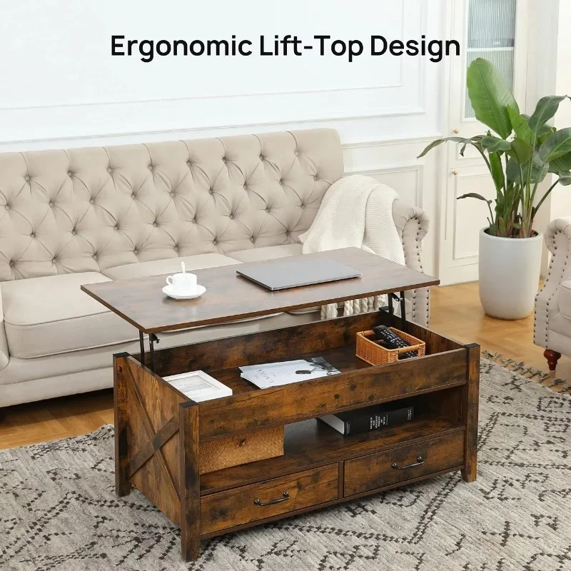 Modern Smart Lift Top Wooden Coffee Table with Large Hidden Compartment and Side Open Shelf