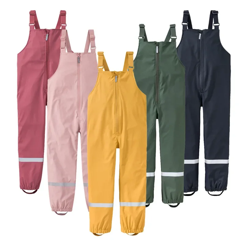 2024 PU Waterproof Baby Boy Overalls Sport Beach Girls Jumpsuit Outdoor Kids Rain Pants Suspenders Kids Trousers Clothes