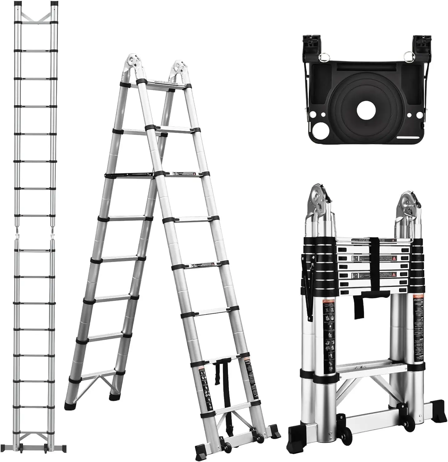 

Telescoping Ladder, 16.5 Ft A Frame Extension Ladder, Portable Collapsible RV Ladder with Wheels, Stabilizer Bar and Tool Tray,