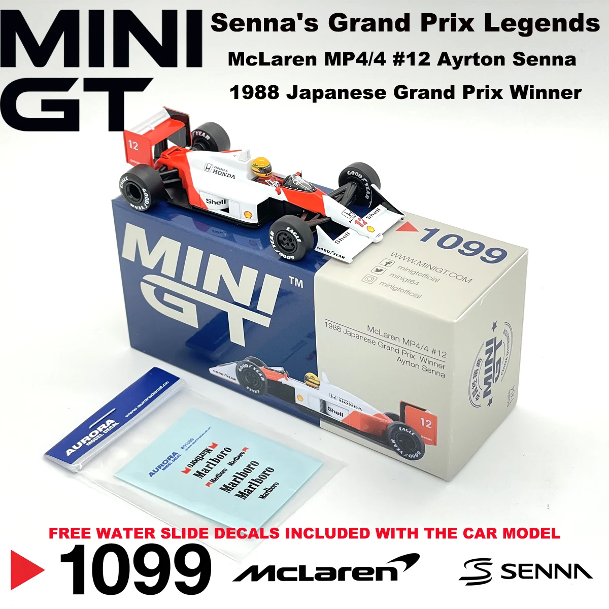 Auf Lager MGT01099 1988 Japanischer Grand-Prix-Sieger Ayrton Senna 1:64 MiniGT 1099 F1 McLaren MP4/4 # 12 Diecast-Automodell – Detail 1