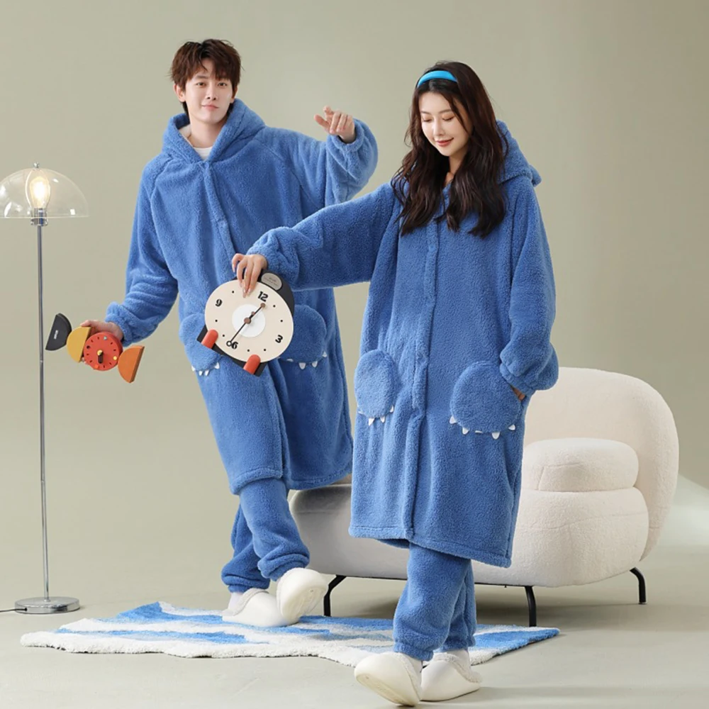 Women Winter Night Dress Warm Nightgown Suit Sleepwear Anime Pajamas Set 2PCS Nightwear Flannel Home Clothes Men's Bathrobe Set