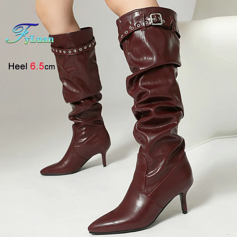 

Wine Red Autumn Winter Women's Knee High Boots Thin High Heels 6.5cm Pointed Toe Long Boots Metal Belt Buckle Boots Party Shoes