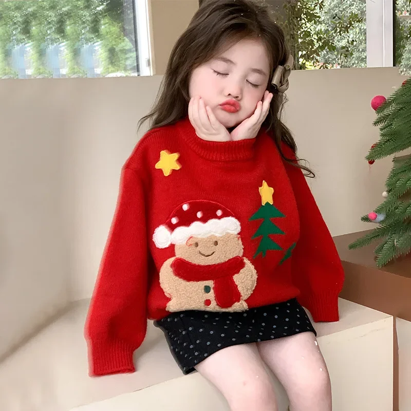 Meninas camisola 2024 inverno novas crianças usar estilo coreano menina bebê grosso natal dos desenhos animados camisola casual simples diariamente