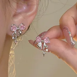 JUWANG New Design 14K Gold Plating Bowknot Zircon Earrings Daily Fresh Sweet Style Girls Party Gift Exquisite Jewelry For Women