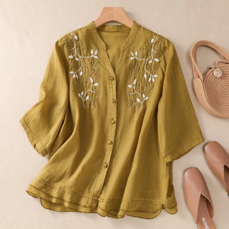 Embroidery Women\'s Shirts Summer New Chinese Style Blouses Cotton Linen V-neck Ladies Clothing 2023 Solid Loose Tops