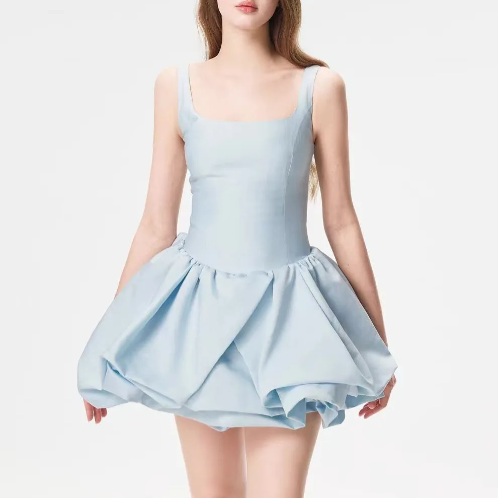 Satin Puffy Mini Dress High Sleeveless Waist A-line Ballet Slimming Dress Cocktail Party Prom Homecoming Birthday Girl Gowns