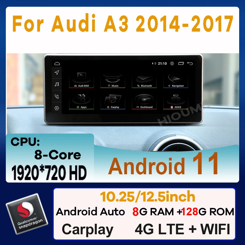 

10.25" 12.5" Android 11 Snapdragon 8+128G Car Multimedia Player GPS Navigation for Audi A3 2014-2017 CarPlay Video Stereo Screen