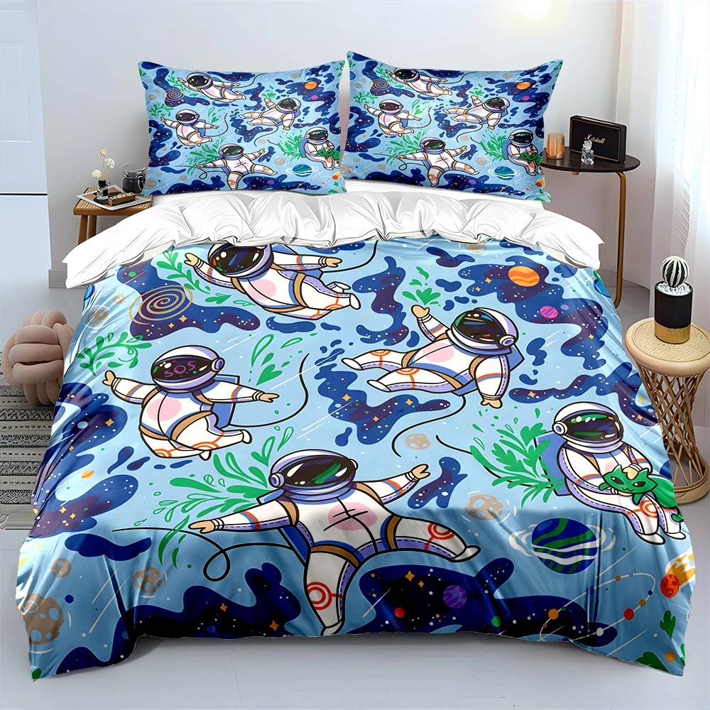 Astronauts Plants Floating in Space Print Bedding Set 1 Duvet Cover 2 Pillowcases for Adult and Children Luxury Gift Full Size