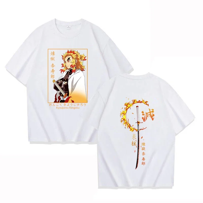 Camisetas de manga corta con estampado de Anime Demon Slayer Rengoku Kyoujurou para hombre y mujer, camisetas informales de verano Unisex, camisetas deportivas