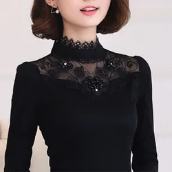 Autumn and Winter Women's Pullover Turtleneck Lace Hollow Out  Solid Underlay Fashion Casual Elegant Commuter Long Sleeve Tops