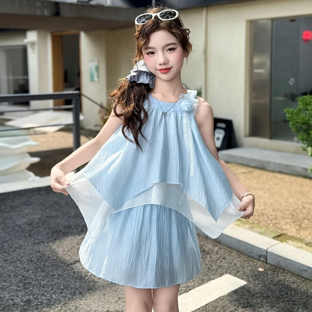 

3D Rose Flower Kids Ruffles Shorts Dress Camisole Top Sleeveless Children Beach Dress Inside Shorts Korean Style