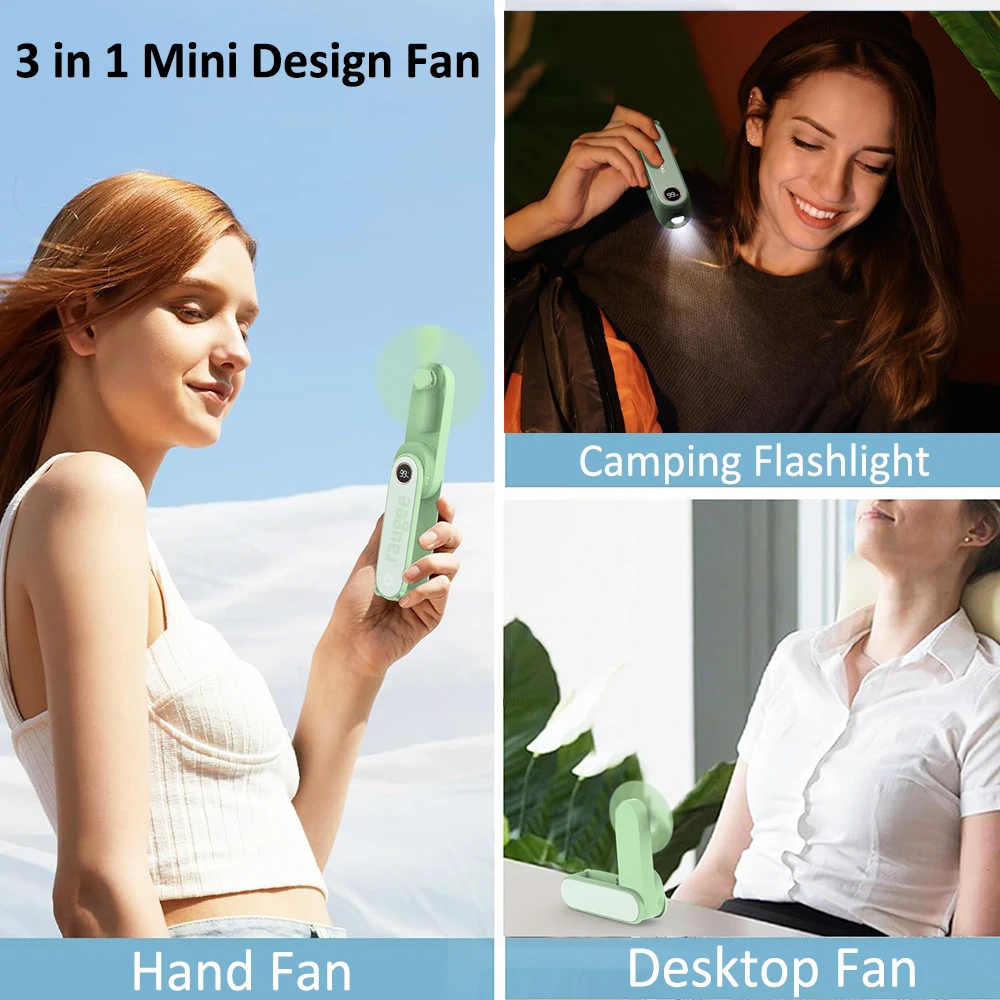 Portable Fan 3in1 Mini Handheld Cooling Fan USB Rechargeable Lightweight Small Hand Held Foldable Pocket Fan for Outdoor Travel