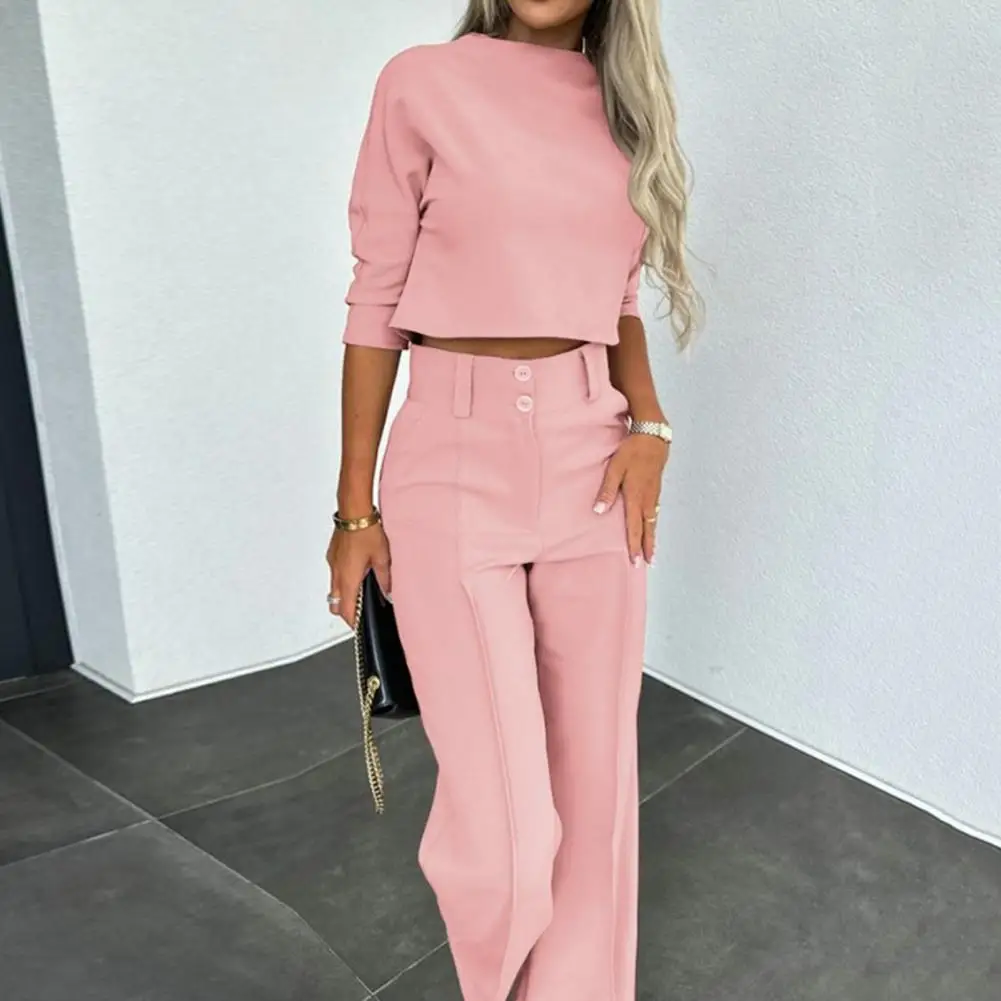 Women Formal Occasion Outfit Stylish Women\'s 2-piece Suit Solid Color Wide Leg Pants Crop Top Set for Chic Commute Women